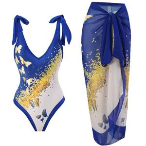 lot 5610 image: Two Piece Bathing Suit for Women Floral One Piece Bikini Mesh Sheer Wrap Skirt Flattering Push Up Swimsuit Surfing Rash Guard Set Cheeky Tankini Swimwear Retro Sarong Cover Ups Blue Butterfly S