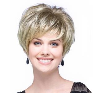 lot 5617 image: GNIMEGIL Short Blonde Pixie Cut Wigs for White Women with Bangs Dark Roots Old Lady Wig Natural Synthetic Ombre Layered Hairstyles Cosplay Costume Party Halloween Daily Use