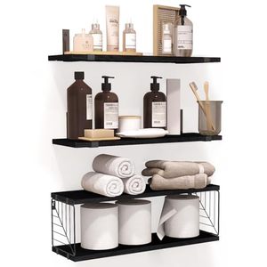lot 5621 image: Fixwal 31 Tier Bathroom Floating Shelves Over Toilet, 15.8in Farmhouse Rustic Wood Shelves, Wall Decor for Bathroom, Living Room,Bedroom and Kitchen (Black)