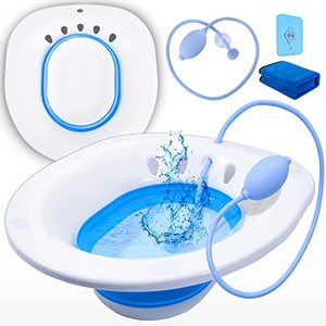 lot 5625 image: Sitz Bath for Toilet Hemorrhoids Postpartum Care, Perineal Soaking Bath Over The Toilet Seat, Collapsible Sitz Basin with Flusher for Vaginal Anal Inflammation Treatment, Yoni Steam Seat, WhiteBlue