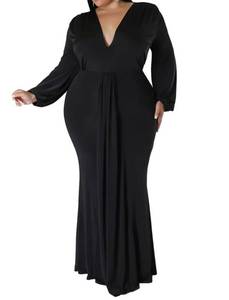 lot 5632 image: Womens Plus Size V Neck Latern Sleeve Ruched Wrap V Neck Maxi Bodycon Dress Black XL