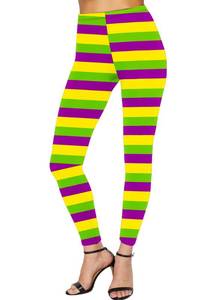 lot 5633 image: Mardi Gras Women Printed Funny Leggings Skinny Festive Carnival Tight Pants Striped Green Purple Yellow XL