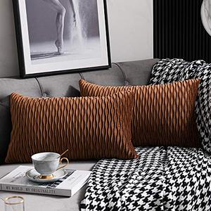 lot 5647 image: DEZENE Light Brown Throw Pillow Cases 2 Pack 12x20 Inch Original Stripe Velvet Rectangular Decorative Pillow Covers for Farmhouse Couch