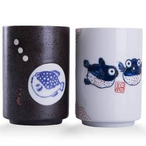 lot 5653 image: WHJY 10oz Transitional ChineseJapanese style Handle-less Ceramic Tea cups teacup, Puffer Pattern SINGLE CUP