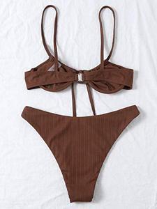 lot 5669 image: SOLY HUX Womens 2 Piece Swimsuit High Waisted Bikini Sets Sexy Thong Bathing Suit Spaghetti Strap Tie Front Swimwear Coffee Brown S