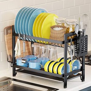 lot 5671 image: GAOKASE Kitchen Dish Drying Rack with Drainboard, 2 Tier Dish Rack and Drainboard Set with Utensil Holder Black Dish Drainer for Counter