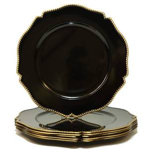 lot 5681 image: Umisriro Black scalloped charger plates with Gold beaded rim,13 inch plastic dinner chargers for wedding and party table settings, Glossy Finish (set of 6)