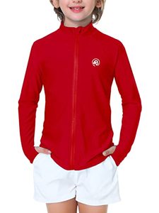 lot 5690 image: Boys Rash Guard Zipper Sun Shirts UV Protection Long Sleeve Girls UPF 50 Swimming Shirt with Thumb Hole Red 5-6 Years
