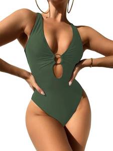 lot 5693 image: MakeMeChic Womens Twist Back Cut Out Ring Plunge Neck One Piece Swimsuit Bathing Suit Army Green Large