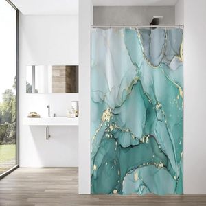 lot 5701 image: Gibelle Small Stall Shower Curtain 36 x 72, Narrow Half Abstract Turquoise Marble Shower Curtain, Modern Ink Art Waterproof Fabric Shower Curtain Set with Hooks