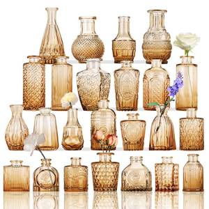 lot 5710 image: CUCUMI 24pcs Glass Bud Vase Set in Bulk, Amber Relief Vase for Centerpieces, Mini Vintage Glass Flower Vases for Wedding Home Table Party Decor