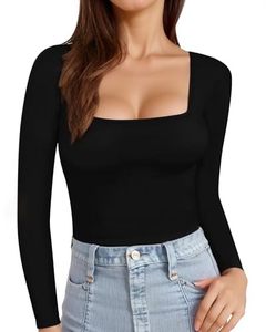 lot 5717 image: MANGOPOP Womens Long Sleeve Square Neck T Shirts Tops Fitted Tees(Black, Small)