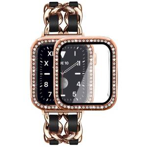 lot 5721 image: Mosonio Compatible for Apple Watch Band 40mm with Screen Protector Case Women, Jewelry Bracelet Metal Strap with 2 Pack Bling Case Cover for 40mm iWatch Series 6 5 4(Rose Gold Link with Black Leather)