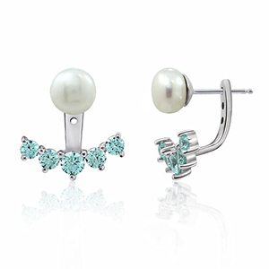 lot 5726 image: Amazon Collection Platinum-Plated Sterling Silver Freshwater Cultured Pearl with Aquamarine Color Infinite Elements Cubic Zirconia Earring Jacket