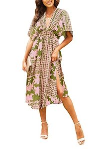 lot 5736 image: Shawhuwa Womens Summer Sexy V Neck Short Sleeve Casual Midi Boho Wedding Dresses Green S