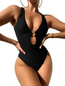 lot 5746 image: MakeMeChic Womens Twist Back Cut Out Ring Plunge Neck One Piece Swimsuit Bathing Suit Black S