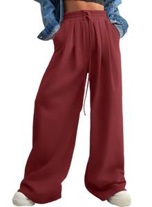 lot 5753 image: Aleumdr Womens Casual Loose Wide Leg High Waist Drawstring Comfy Sweatpants Sports Athletic Pants with Pockets Red Medium