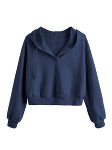 lot 5755 image: Verdusa Womens Long Sleeve Drop Shoulder Drawstring Crop Hoodie Sweatshirt Navy Blue M