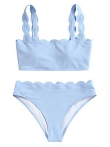 lot 5761 image: ZAFUL Womens Scalloped Textured Swimwear High Waisted Wide Strap Adjustable Back Lace-up Bikini Set Swimsuit (S, Sky Blue-C)