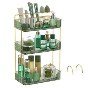 lot 5764 image: SONGMICS Makeup Organizer, 3-Tier Skincare Organizer Countertop, Customizable, 2 Types of Accessories, Jewelry Holder, for Vanity, Bedroom, Bathroom, Pale Green UJKA013C01