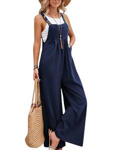 lot 5767 image: Xunger Womens Loose Baggy Overalls Wide Leg Pleated Spaghetti Strap Jumpsuits Sleeveless Button Long Pants Rompers(0441-Blue-XL-RD)