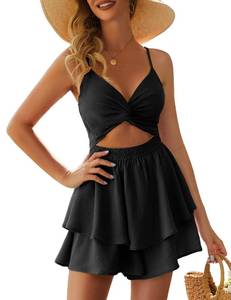lot 5779 image: AGERWAY Rompers For Women Summer Romper Dresses For Women Ruffle Romper Black Romper Short Romper L