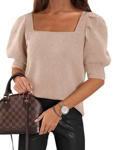 lot 5786 image: Womens Puff Short Sleeve Sweater Tops 2024 Spring Summer Trendy CrewSquareV Neck Casual T Shirts Blouses Medium