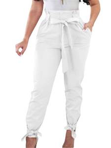 lot 5790 image: GOBLES Women Solid Casual Work Trousers High Waist Ruffle Bow Tie Pants White XL