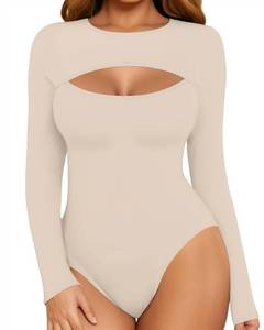lot 5792 image: MANGOPOP Womens Round Neck Sexy Cutout Front Long Sleeve Bodysuit Jumpsuits (Long Sleeve Semolina, XX-Large)