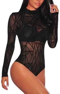 lot 5816 image: JomeDesign Womens Long Sleeve Sheer Mesh Black Bodysuit Tops Clubwear, Medium