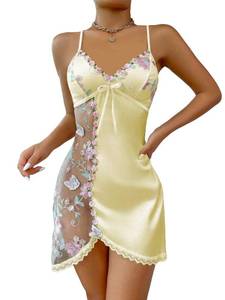lot 5818 image: SOLY HUX Womens Floral Embroidery Lace Trim Satin Chemise Nightgown Cami Slip Dress Sleepwear Yellow Floral M