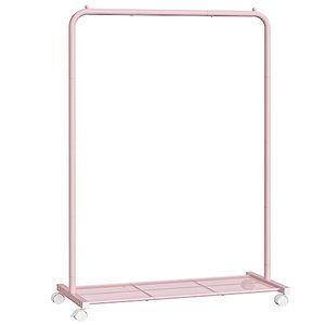 lot 5831 image: SONGMICS Clothes Rack with Wheels, 35.8 Inch Garment Rack, Clothing Rack for Hanging Clothes, with Dense Mesh Storage Shelf, 110 lb Load Capacity, 2 Brakes, Steel Frame, Jelly Pink UHSR025P01