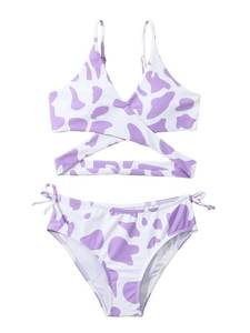 lot 5836 image: Milumia Girls Cute Swimsuits Cow Print Wrap Knot Side Bikini Set 2 Piece Criss Cross Bathing Suit Violet Purple 9 Years
