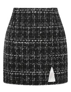 lot 5855 image: Plaid Mini Skirts for Women High Waisted Fall Winter Wool Bodycon Pencil Skirts with Slit, Tweed Black, XS