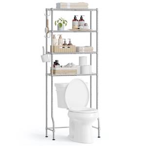 lot 5858 image: SONGMICS 4 Tier Over The Toilet Storage, Metal Storage Rack, Adjustable Shelves, 4 Hooks, Roll Holder, Space-Saving Bathroom Storage Shelf Organizer, 11.8 x 24.8 x 69.3 Inches, Silver Gray UBTS013G01