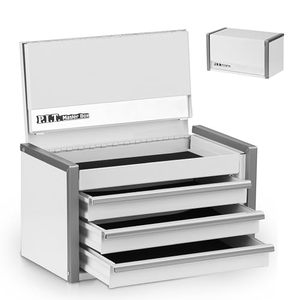 lot 5864 image: P.I.T. Mini White Tool Box, Portable 3 Drawer Steel Tool Box with Magnetic Tab Locking, White Micro Top Chest with Liner for Tools Storage, Home DIY