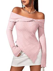 lot 5876 image: GORGLITTER Womens Off Shoulder Long Sleeve Tops Sheer Asymmetrical Hem Rib Knit Elegant Tee Blouse Pink Small