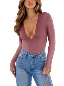 lot 5880 image: REORIA Womens Pink Sexy Long Sleeve Snatched Body Suit Tops Fall Y2k Trendy V Neck Tight Long Sleeve Shirt Masala Medium