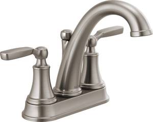 lot 4530 image: Delta Faucet Woodhurst Centerset Bathroom Faucet, Brushed Nickel Bathroom Sink Faucet, 2 Handle Bathroom Faucet, Metal Drain Assembly, Stainless 2532LF-SSMPU - Retail $116.07