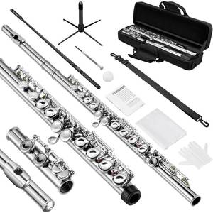 lot 4533 image: POGOLAB Flutes, Closed Hole C 16 Keys Flute Instrument, Student Flute for Beginner Advanced Player with Flute Cleaning Kit, Carry Bag, Stand, Strap, Probe Rod, Gloves, Nickel Flute - Retail $87.99