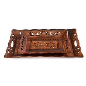 lot 60151 image: Rusticity� Wooden Ottoman Serving Tray for Hot & Cold DrinksVintage Rustic Decorative Handmade Food Platter for Dining Tableware & Kitchen Accessory (15 x 10 x 2 in)
