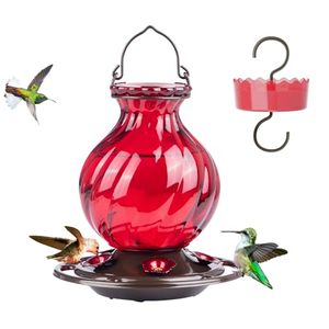 lot 60188 image: Hummingbird Feeder, Auslar 26 Ounces Glass Hummingbird Feeders for Outdoors Hanging Ant and Bee Proof, Ant Moat & 5 Flower Feeding Ports, Rustproof, Leakproof, Netted Flower Bud Shape Bottle, Red