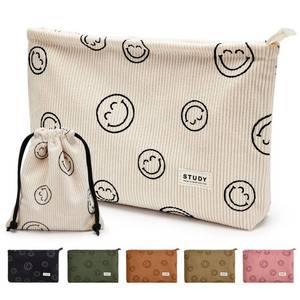lot 60200 image: WLLWOO Makeup Bag-2pcs Smile Face Corduroy Cosmetic Bag Zipper Interior Waterproof Pencil Case Coin Purse Travel Toiletry Small Makeup Pouch For Women