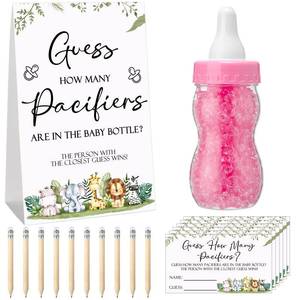 lot 60208 image: Baby Shower Games Guess How Many Pacifiers Game Sign 100 Small Guessing Games 10 Hb Pencils 750 ml Milk Bottle 400 Acrylic Pacifiers Decorations Guests Gender Reveal Party Favors (Pink, Animal)
