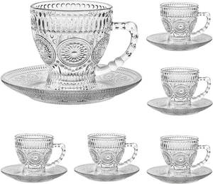 lot 60227 image: cosnou Vintage Glass Tea Cups with Saucers, Glass Mugs 7 Oz Set of 6 Espresso Coffee Embossed Glassware with Handle, for Cappuccino, Latte, Cereal, Yogurt, Beverage HotCold, Milk�