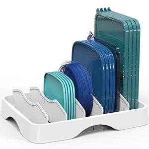 lot 60234 image: Simple Houseware Food Container Lids Storage Organizer with Adjustable Dividers, 13x10, White