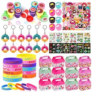 lot 60236 image: Golray 122 Pcs Donut Party Favors Kid Girl Two Sweet Birthday Supplies - 12 Set Gift Box Stamper Keychain Wristband Tattoo Sticker Ring Doughnut Birthday Party Gift Treat Box Pinata Goodie Bag Filler