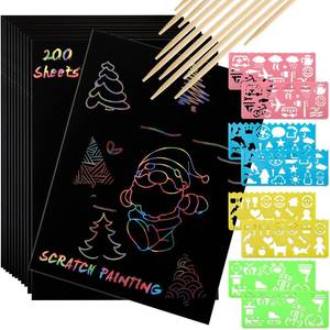 lot 60244 image: ZEAYEA 200 Pcs Scratch Paper Art Set, Scratch Off Rainbow Magic Paper with 10 Bamboo Stylus, 8 Stencils, Black Scratch Notes for Boys and Girls DIY Crafts Christmas Birthday Gift Cards