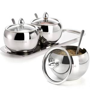lot 60245 image: Hedume 2 Grids 304 Stainless Steel Seasoning Containers Set with Lid Spoon and Tray, Condiment Jar Spice Container, Condiment Canisters Pots for Serving Sugar, Pepper, Salt, Spice