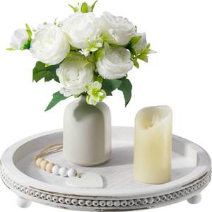 lot 60263 image: Handmade Decorative Tray for Coffee Table, White Washed Beaded Coffee Table Tray, Round Serving Tray for Coffee Table, Dining Room Table Entryway and Living Room Table